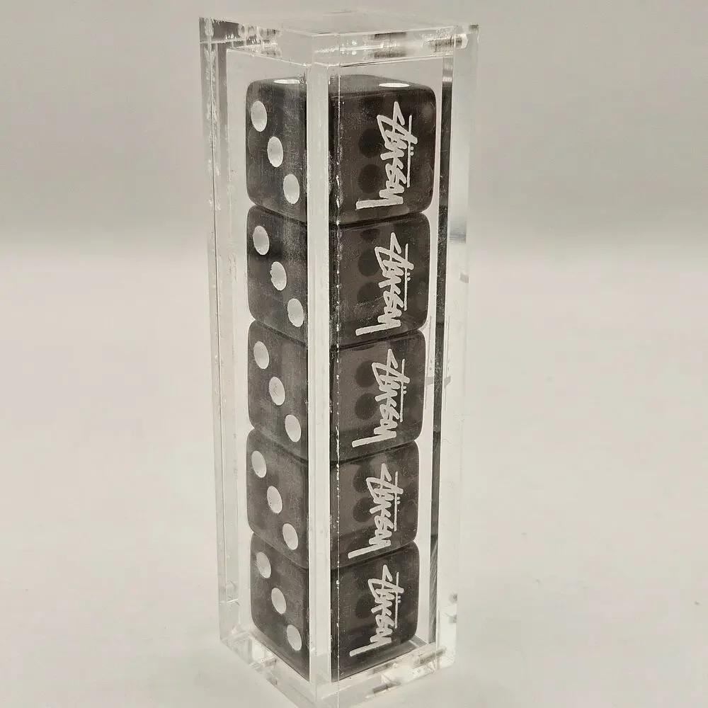 STUSSY DICE SET BLACK ACRYLIC DISPLAY CASE 5 LOGO DICE STYLE 138769 RARE